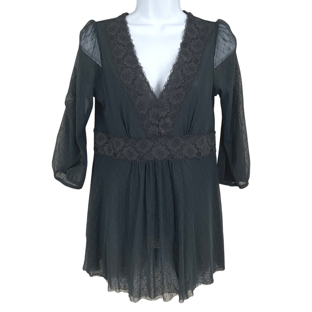 VTG Express Babydoll Top Womens L Black Lace Trim Mesh Whimsigoth Y2K Gothic
